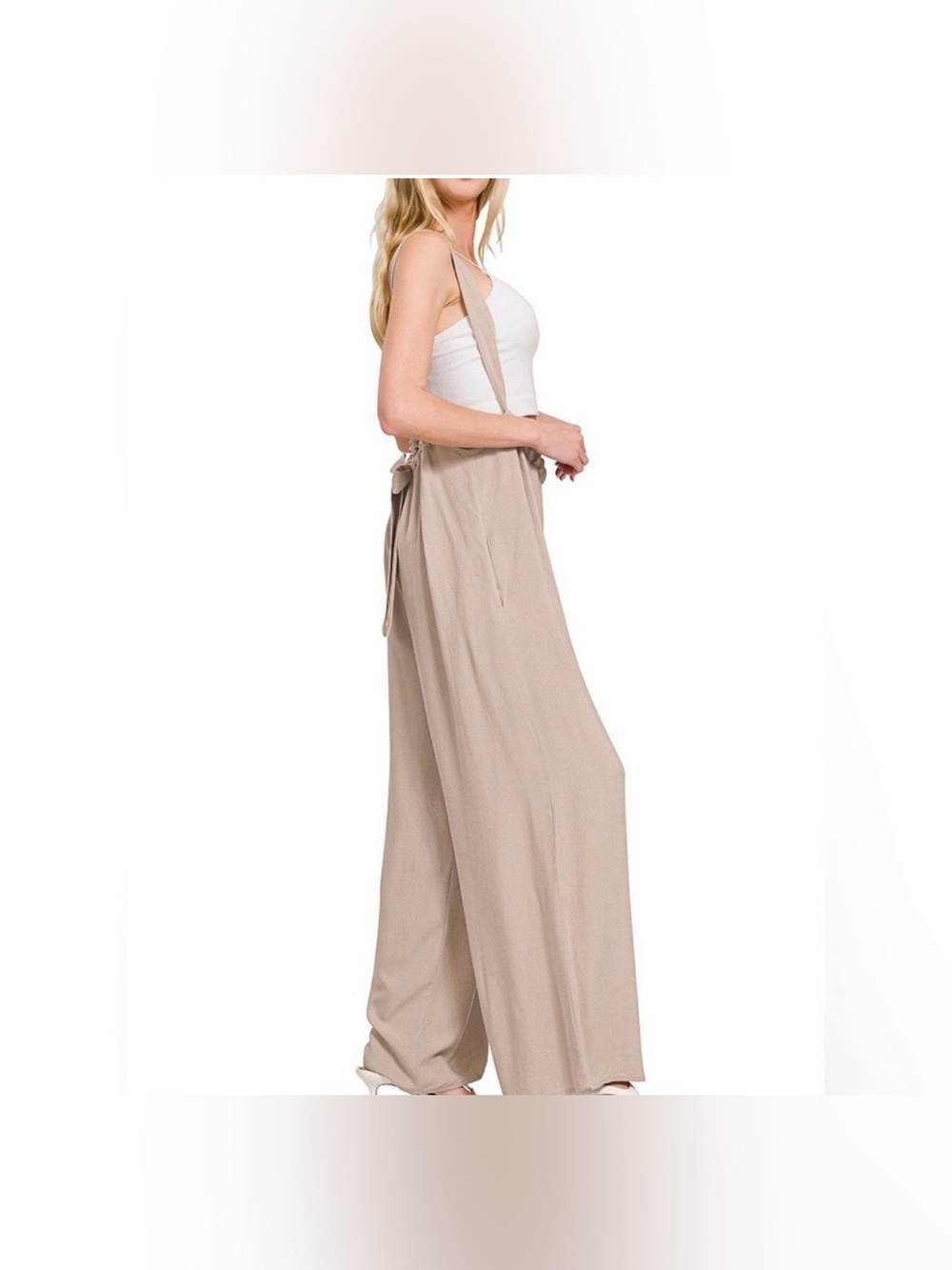 🆕 FREE Cami w/Beige Wide Leg Suspender Jumpsuit Adjustable Tie Back Rayon Romper - Picture 5 of 5